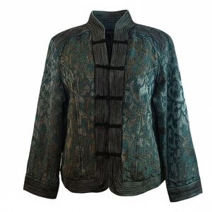 Coldwater Creek Vintage Teal Green Black Brocade Asian Jacket Size SP